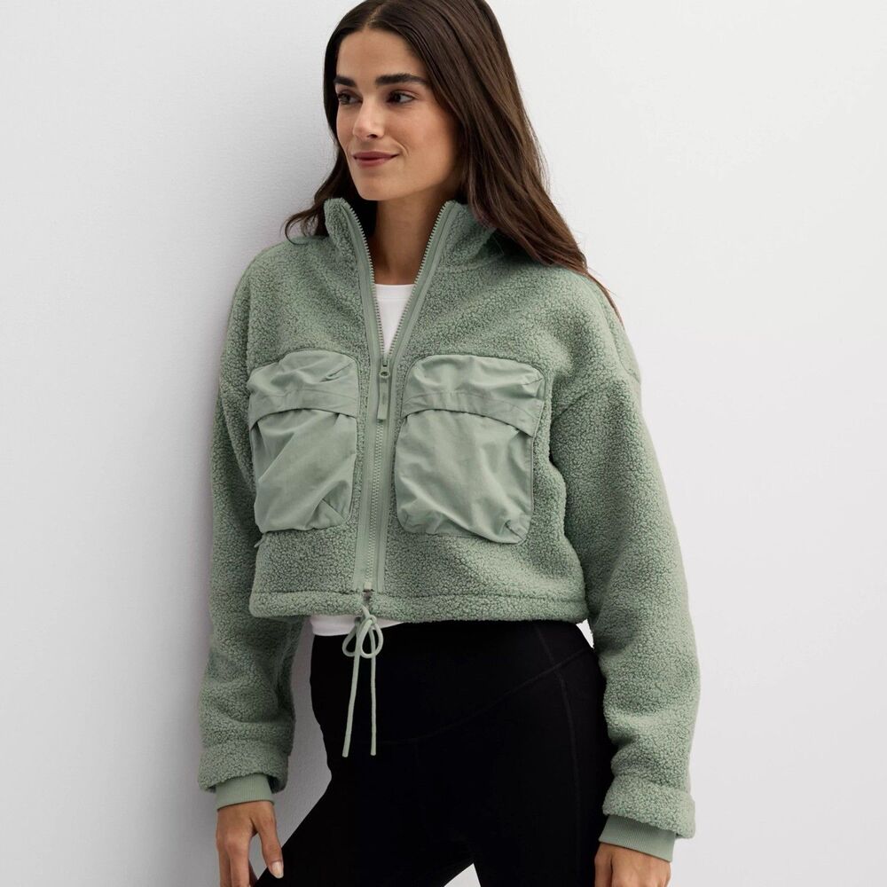 FLX Cropped Jacket Size M Green Mix Media High Pile Pockets Zipper Faux Fur
